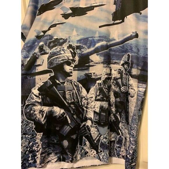 SPIRIT OF AMERICA MILITARY PLANES HELICOPTORS SIZE LARGE POLYESTER SHIRT - Picture 2 of 4